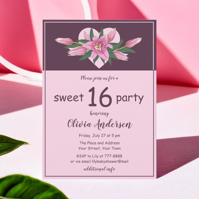 Invitación Lily Sweet, Lirio en Blooming Rosa, Dieciséis Fies (Pink Blooming Lily Sweet Sixteen Party Invitation)