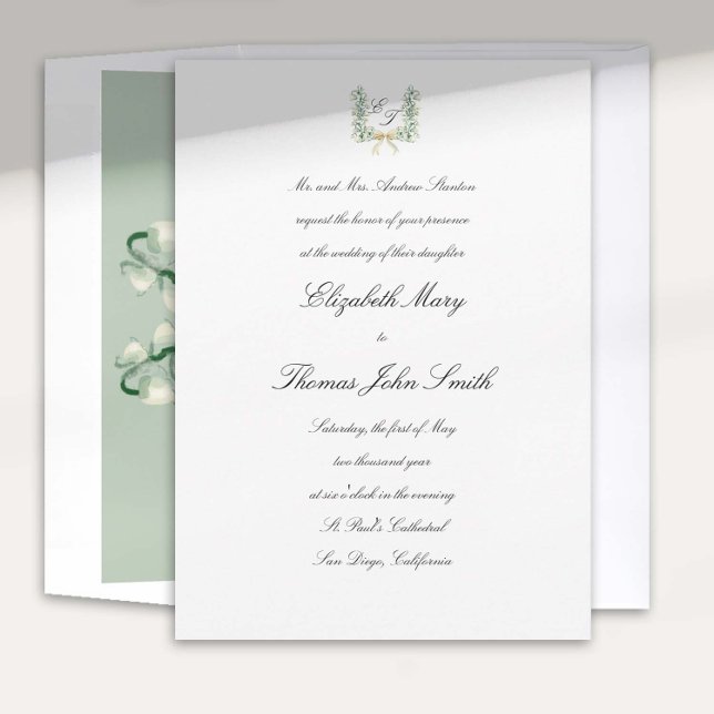 Invitación Lily Valley Bow Escudo Boda formal tradicional (lily valley formal classic wedding invitation card watercolor art crest monograms all calligraphy)