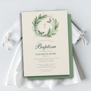 Invitación Lily Valley Butterflies Baptismo cruzado de oro
