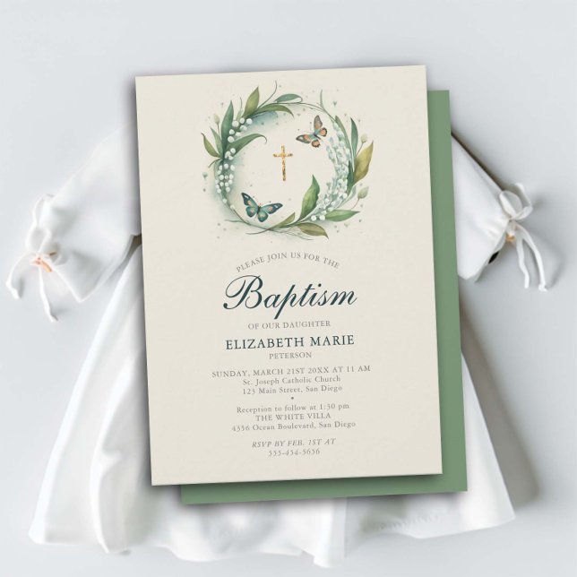Invitación Lily Valley Butterflies Baptismo cruzado de oro (lily valley baptism christening invitation girl elegant floral frame wreath butterflies sweet classy)