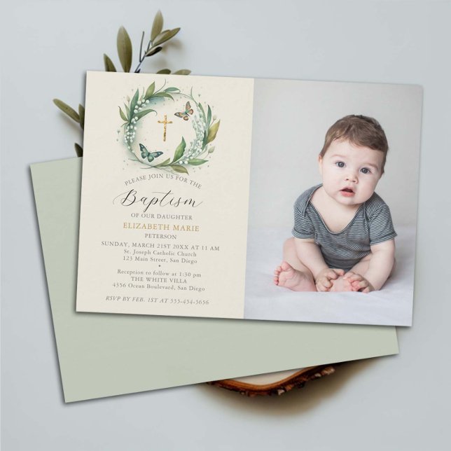 Invitación Lily Valley Butterflies Floral Child Photo Baptism (photo baptism invitation christening name ceremony christian lily valley wreath butterflies elegant)