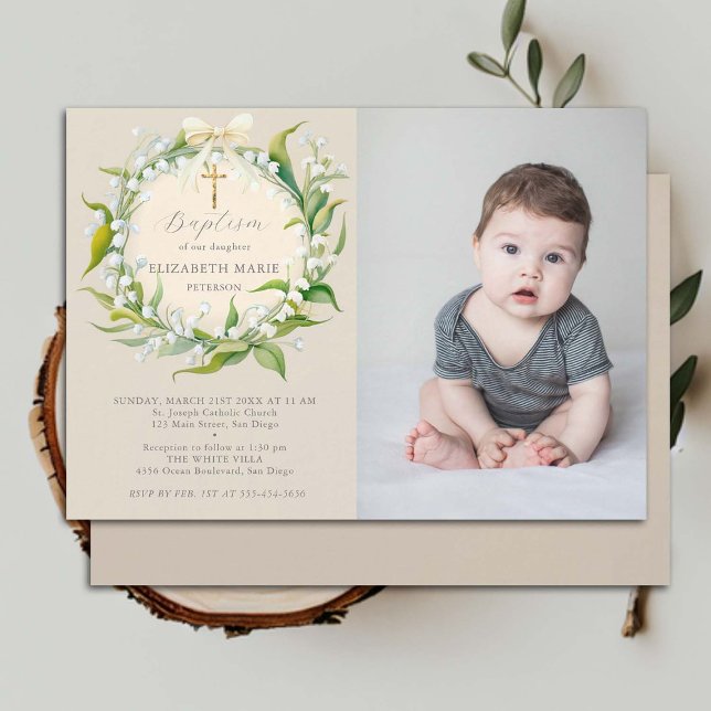 Invitación Lily Valley dobla oro Moda formal bautismo de foto (baptism invitation child photo christening christian cross lily valley floral wreath watercolor chic)