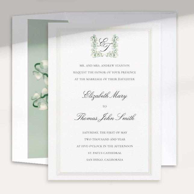 Invitación Lily Valley Escudo Faux Grabado en relieve Boda fo (lily valley formal classic wedding invitation card watercolor fine art crest monograms script)