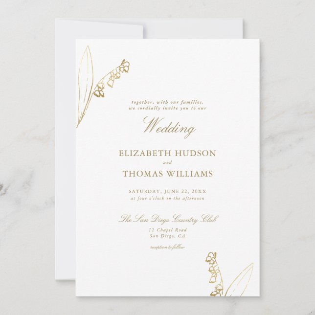 Invitación Lily Valley Floral Sketch Faux Gold Simple Boda (Anverso)