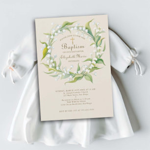 Invitación Lily Valley Gold Cross Wreath Baptismo infantil fo
