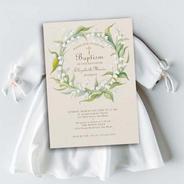 Invitación Lily Valley Gold Cross Wreath Baptismo infantil fo (child baptism christening invitation lily of the valley wreath gold cross elegant simple classic)