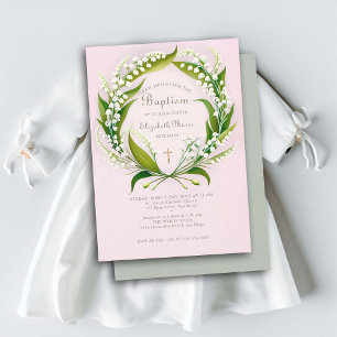 Invitación Lily Valley Gold Cross Wreath Bautismo formal rosa