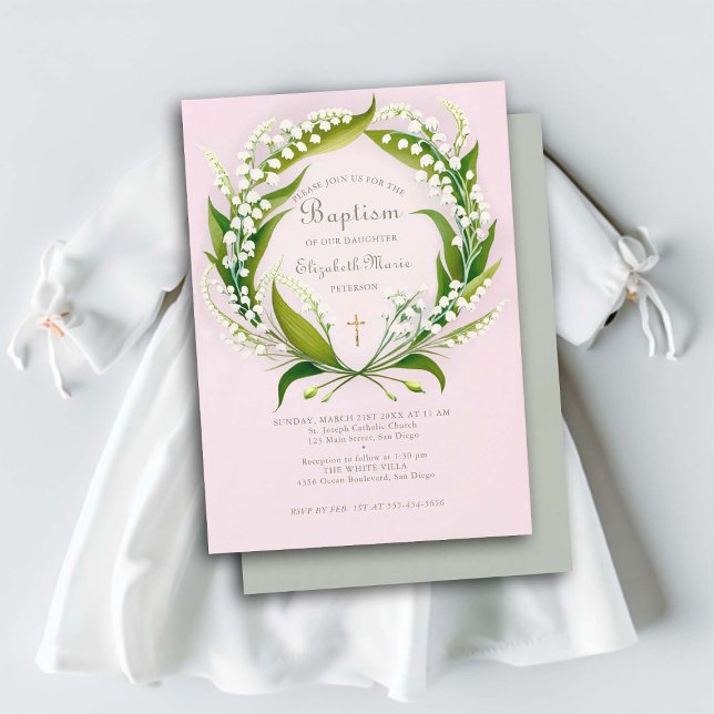 Invitación Lily Valley Gold Cross Wreath Bautismo formal rosa (girl baptism invitation lily valley wreath gold cross elegant formal classic simple watercolor)