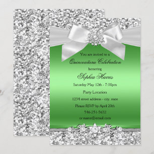 Invitación Lima Plateado Verde Brillo Joya Lazo Quinceañera