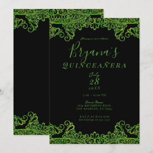 Invitación Lima Verde Brillante Purpurina Negra Quinceañera  