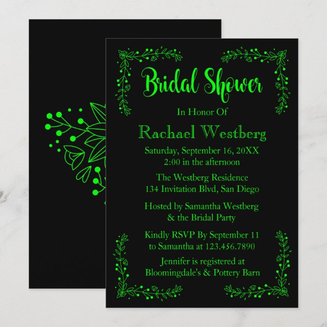Invitación Lime Green & Black Bridal Shower Floral Leyes Flor (Anverso / Reverso)
