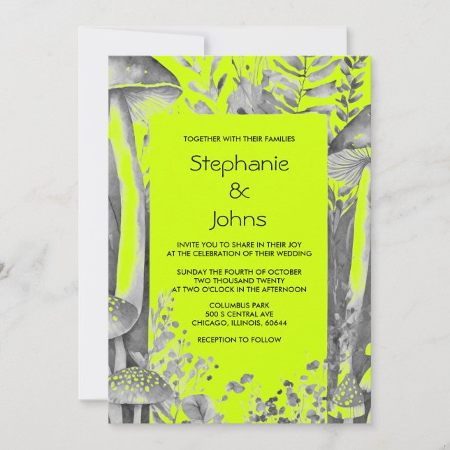 Invitación Lime Green Black Gray Mushroom Woodland Boda (Anverso)