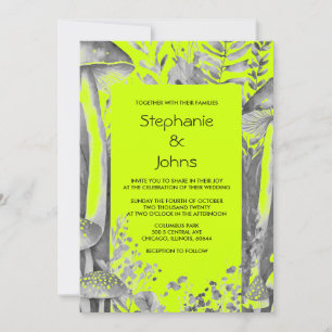 Invitación Lime Green Black Gray Mushroom Woodland Boda