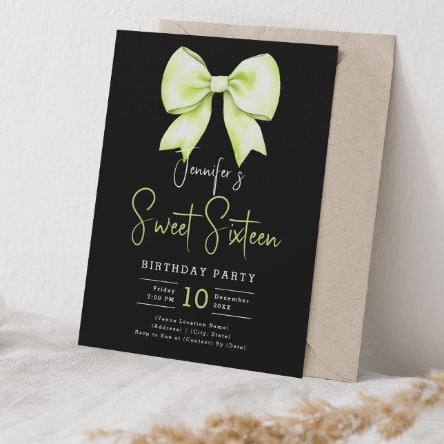 Invitación Lime Green Bow Coquette Script Sweet 16 Black (Lime Green Bow Coquette Script Sweet 16 Black Invitation)