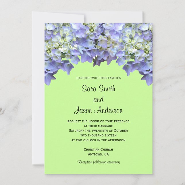 Invitación Lime Green con Hydrangeas Púrpura (Anverso)