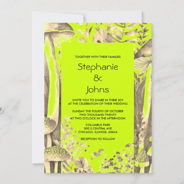 Invitación Lime Green Gold Brown Mushrooms Woodland Boda (Anverso)