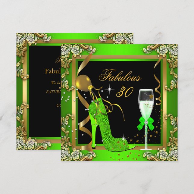 Invitación Lime Green Gold Fabulous de 30 cumpleaños (Anverso / Reverso)