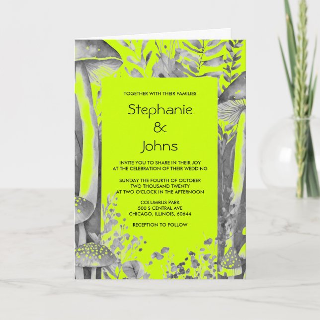 Invitación Lime Green Gray Black Mushroom Woodland Boda (Anverso)