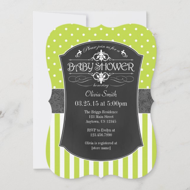 Invitación Lime Green Grey Chalkboard Strips Baby Shower (Anverso)