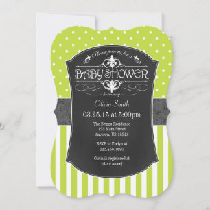 Invitación Lime Green Grey Chalkboard Strips Baby Shower