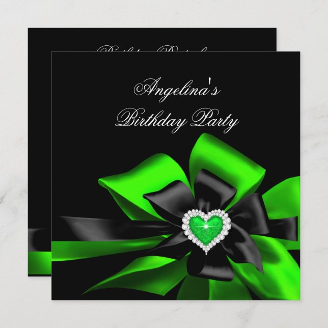Invitación Lime Green Heart Black Bow Image Birday Party (Anverso / Reverso)