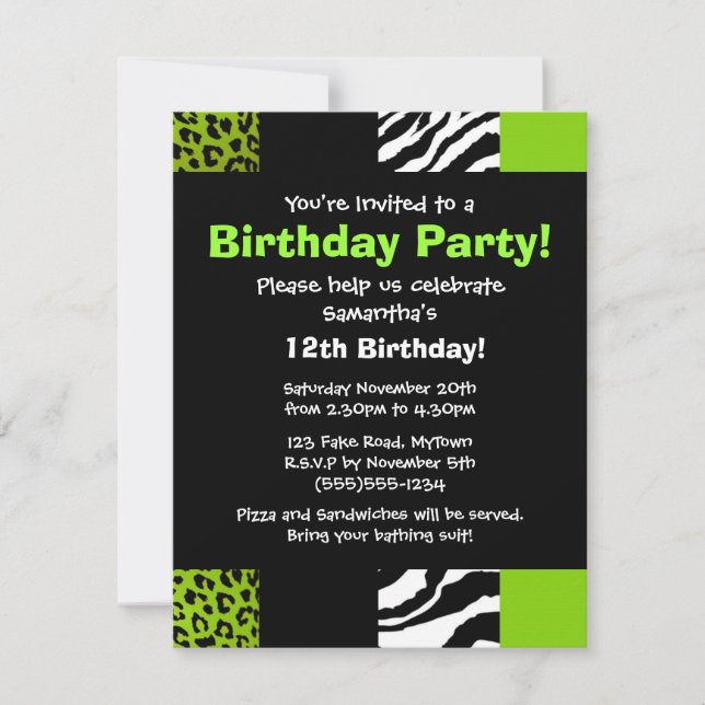 Invitación Lime Green Leopardo y Fiesta de impresión de anima (Anverso)
