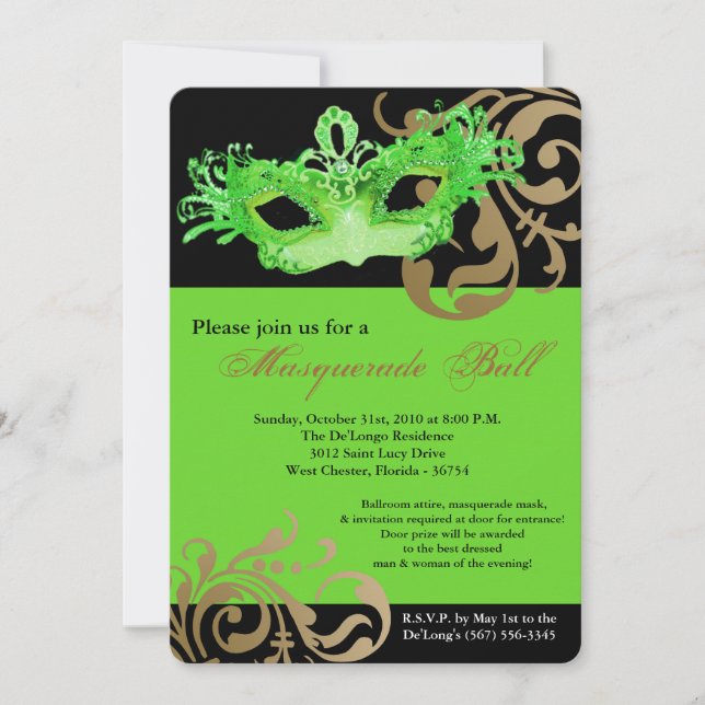 Invitación Lime Green Mascarada Mask Ball Costume Halloween (Anverso)