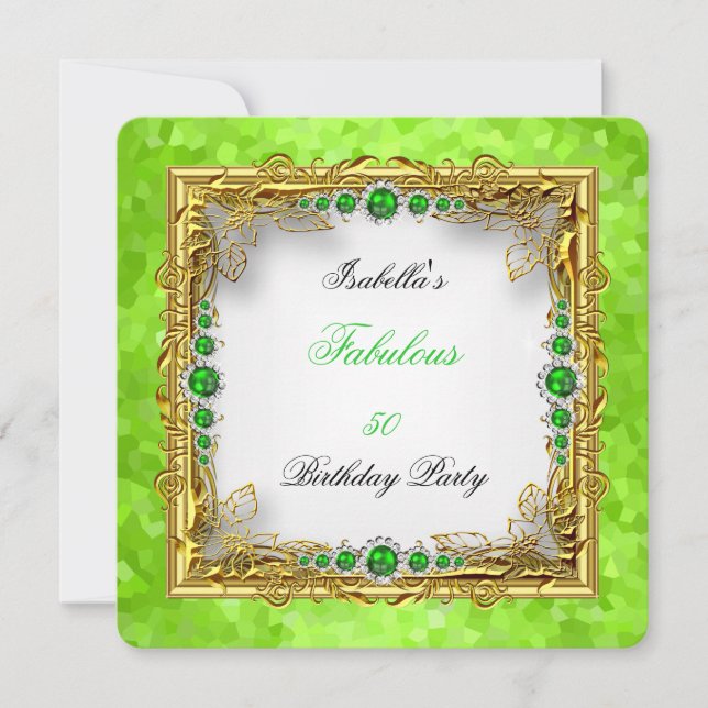 Invitación Lime Green Pearls Gold White Birday Party (Anverso)