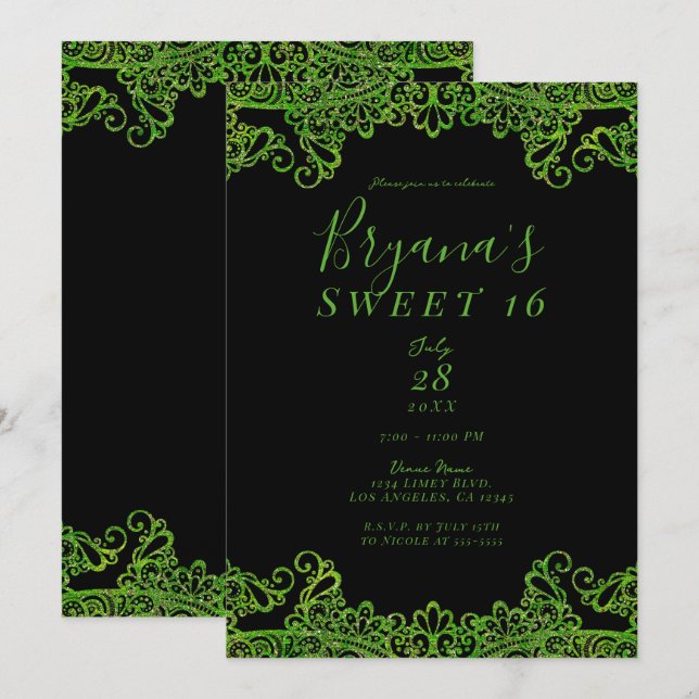 Invitación Lime Green Sparkle Purpurina Black Sweet 16 Fiesta (Anverso / Reverso)