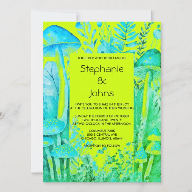 Invitación Lime Green Verde azulado Blue Mushrooms Woodland B (Anverso)