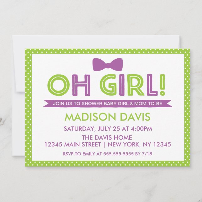 Invitación Lime Green y Purple Polka Dot Oh Chica Baby Shower (Anverso)