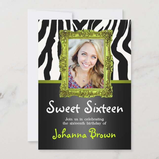 Invitación Lime Green Zebra - Foto - Sweet 16 Invitation (Anverso)