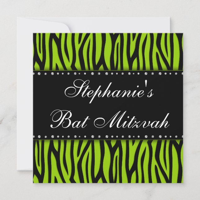 Invitación Lime Green Zebra Impresa Diamantes Bat Mitzvah (Anverso)