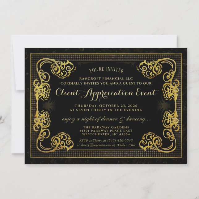 Invitación Límite de eventos corporativos Gold y Black Fancy (Anverso)