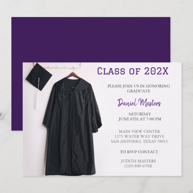 Invitación Límite morado de la fiesta de graduación e invitac (Anverso / Reverso)