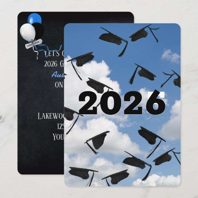 Invitación Límites de graduación en negro de 2025 en el cielo (Anverso / Reverso)