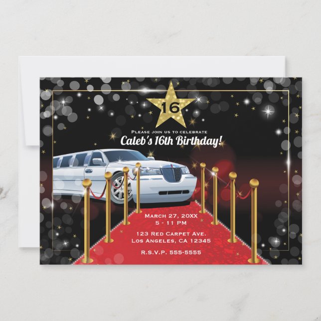 Invitación Limo Blanco Alfombra Roja Fiesta de Cumpleaños de  (Anverso)