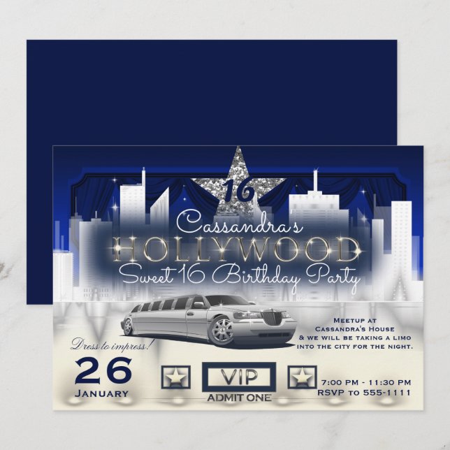 Invitación Limo Luces Nocturnas Ciudad Azul Plateado Fiesta H (Anverso / Reverso)