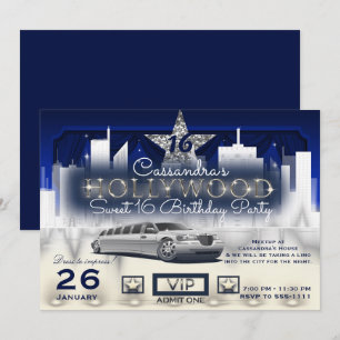 Invitación Limo Luces Nocturnas Ciudad Plateada Azul Fiesta H
