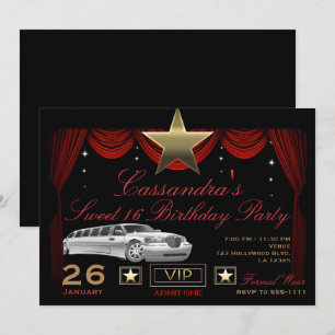 Invitación Limo Negro con Estrella Dorada y Rojo Fiesta de Cu