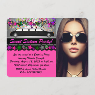 Invitación Limo Negro Rosa Fuerte Negro Foto Fiesta Dulces 16