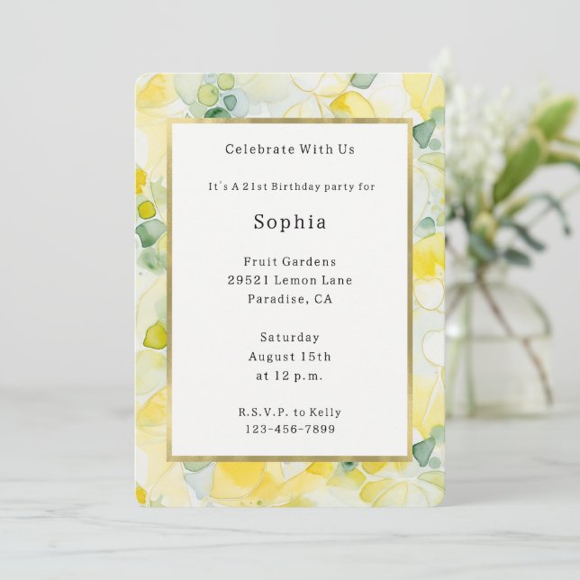 Invitación Limón Amarillo Abstracto Cumpleaños  (Anverso de pie)