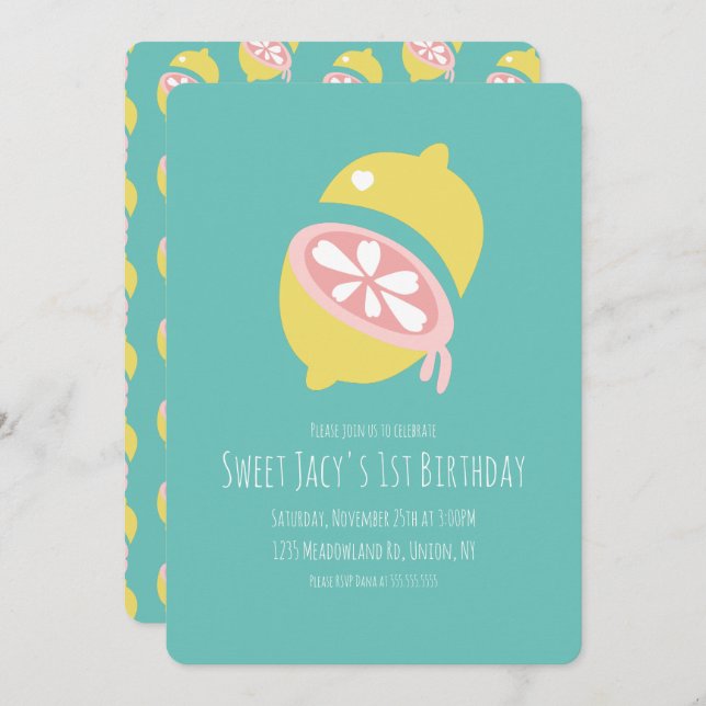 Invitación Limón amarillo con corazón dulce cumpleaños (Anverso / Reverso)