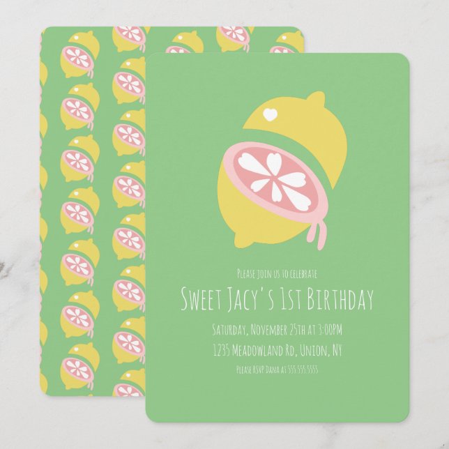 Invitación Limón Amarillo con Corazón Feliz Cumpleaños Dulce (Anverso / Reverso)