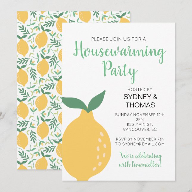 Invitación Limón amarillo y Fiesta de calentamiento de la cas (Anverso / Reverso)
