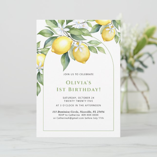 Invitación Limón cítrico 1er cumpleaños. (Anverso de pie)