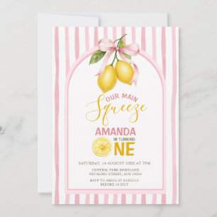 Invitación Limon con Lazo Rosa Dulce Cumpleaños Uno Squeeze P
