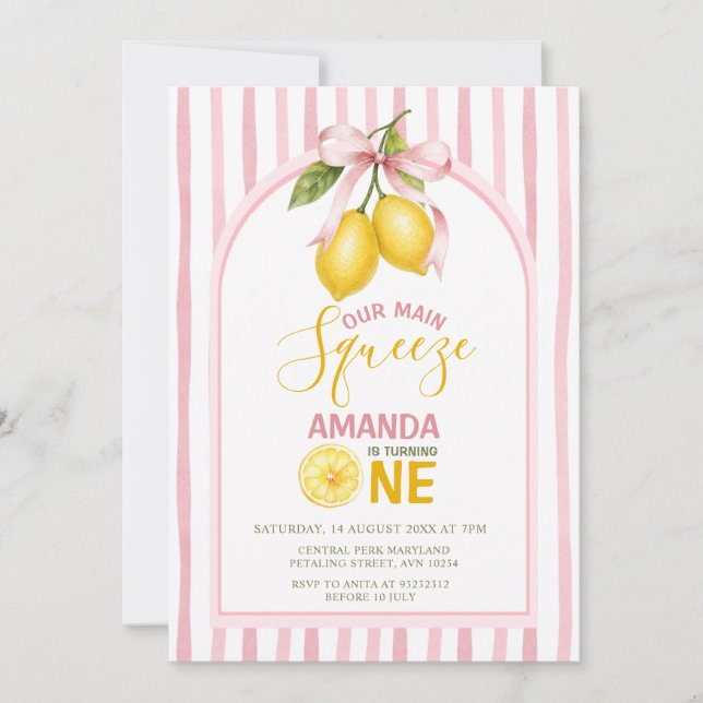 Invitación Limon con Lazo Rosa Dulce Cumpleaños Uno Squeeze P (Anverso)
