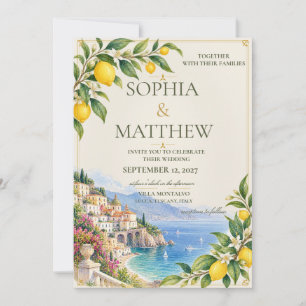Invitación Limón de Amalfi Boda Mediterránea Azul y Amarill