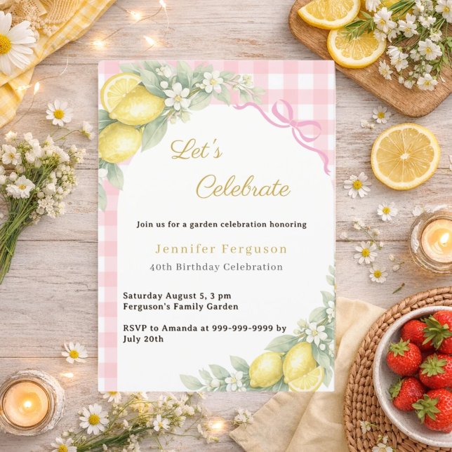Invitación Limon gingham lazo rosa cumpleaños jardín té veran (Subido por el creador)